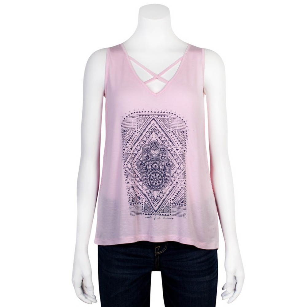 Grayson Threads Tank Top Womens Medium Pink Hamsa Graphic Strappy Mixed Media